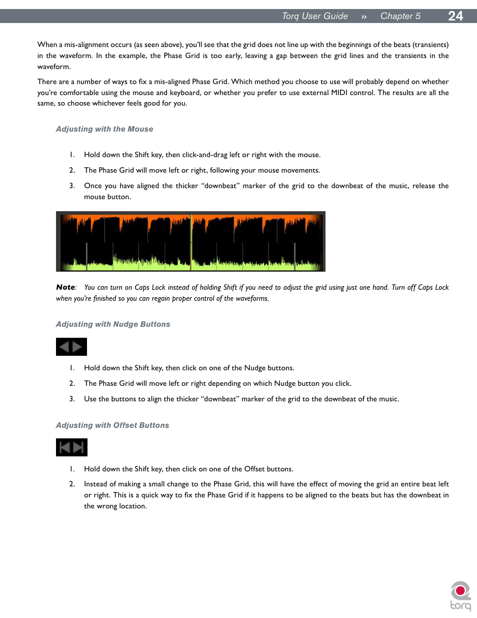 Adjusting with the mouse, Adjusting with nudge buttons, Adjusting with offset buttons | M-AUDIO Torq User Manual | Page 25 / 86