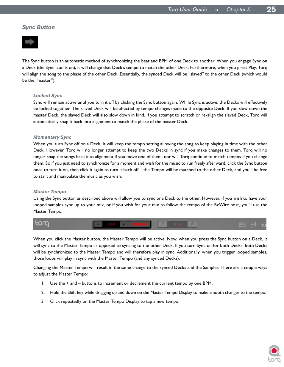 Sync button, Locked sync, Momentary sync | Master tempo, Locked sync momentary sync master tempo | M-AUDIO Torq User Manual | Page 26 / 86