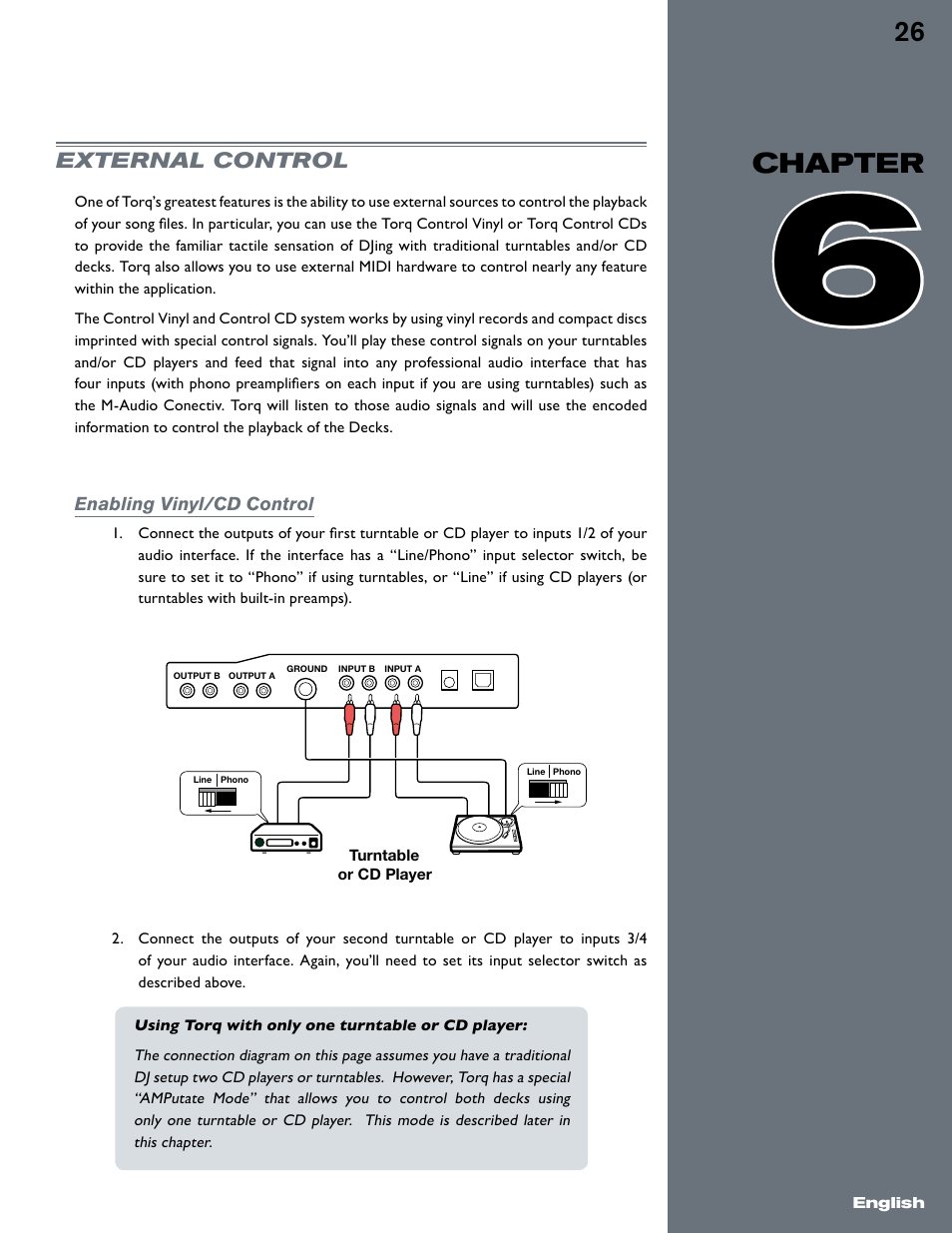 Chapter 6, External control, Enabling vinyl/cd control | M-AUDIO Torq User Manual | Page 27 / 86