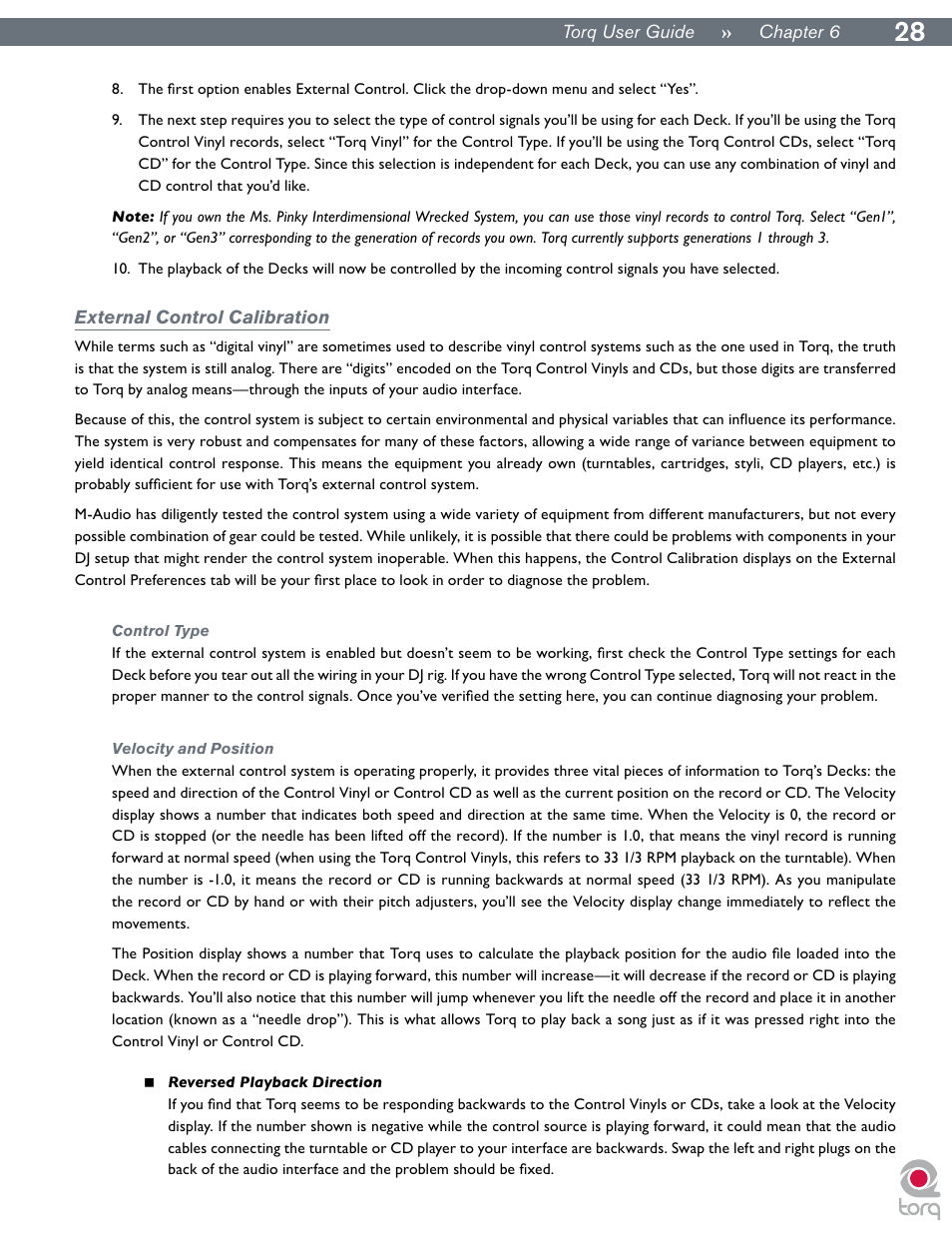 External control calibration, Control type, Velocity and position | Control type velocity and position | M-AUDIO Torq User Manual | Page 29 / 86