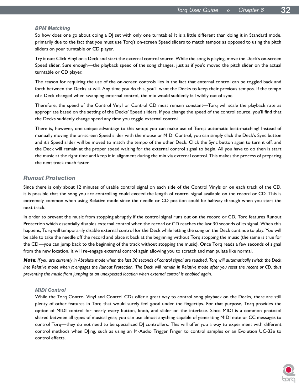 Bpm matching, Runout protection, Midi control | M-AUDIO Torq User Manual | Page 33 / 86