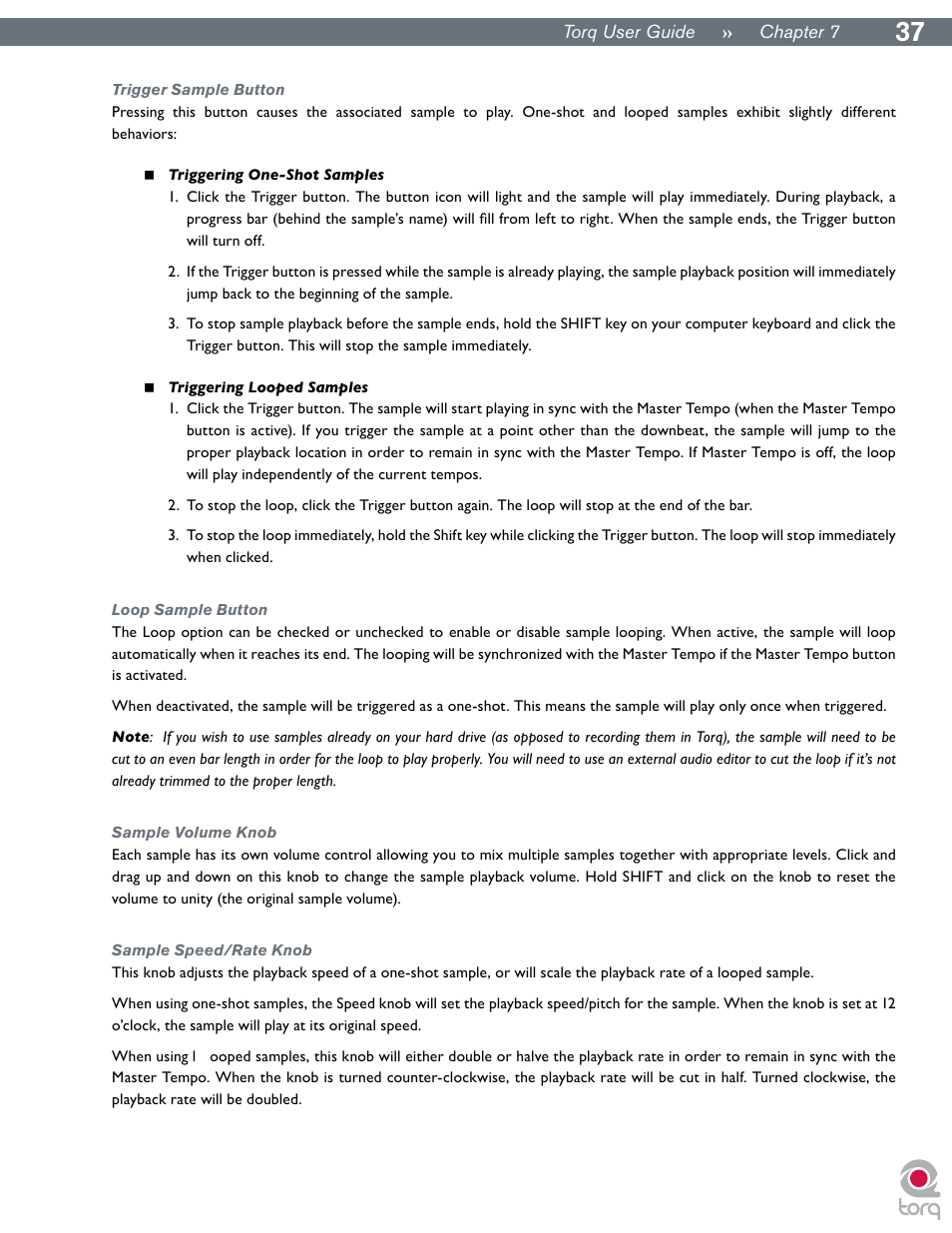 Trigger sample button, Loop sample button, Sample volume knob | Sample speed/rate knob | M-AUDIO Torq User Manual | Page 38 / 86