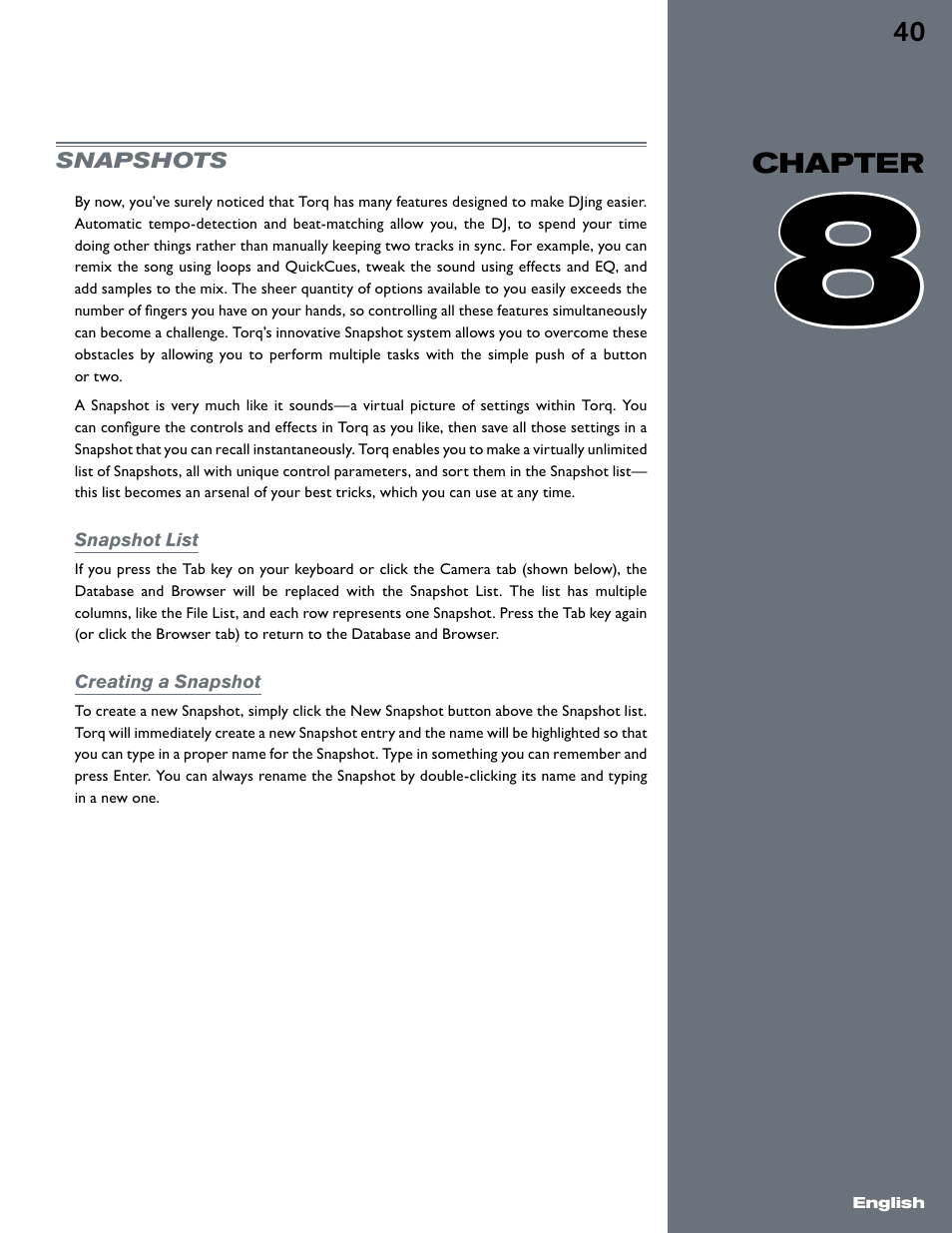 Chapter 8, Snapshots, Snapshot list | Creating a snapshot, Snapshot list creating a snapshot | M-AUDIO Torq User Manual | Page 41 / 86