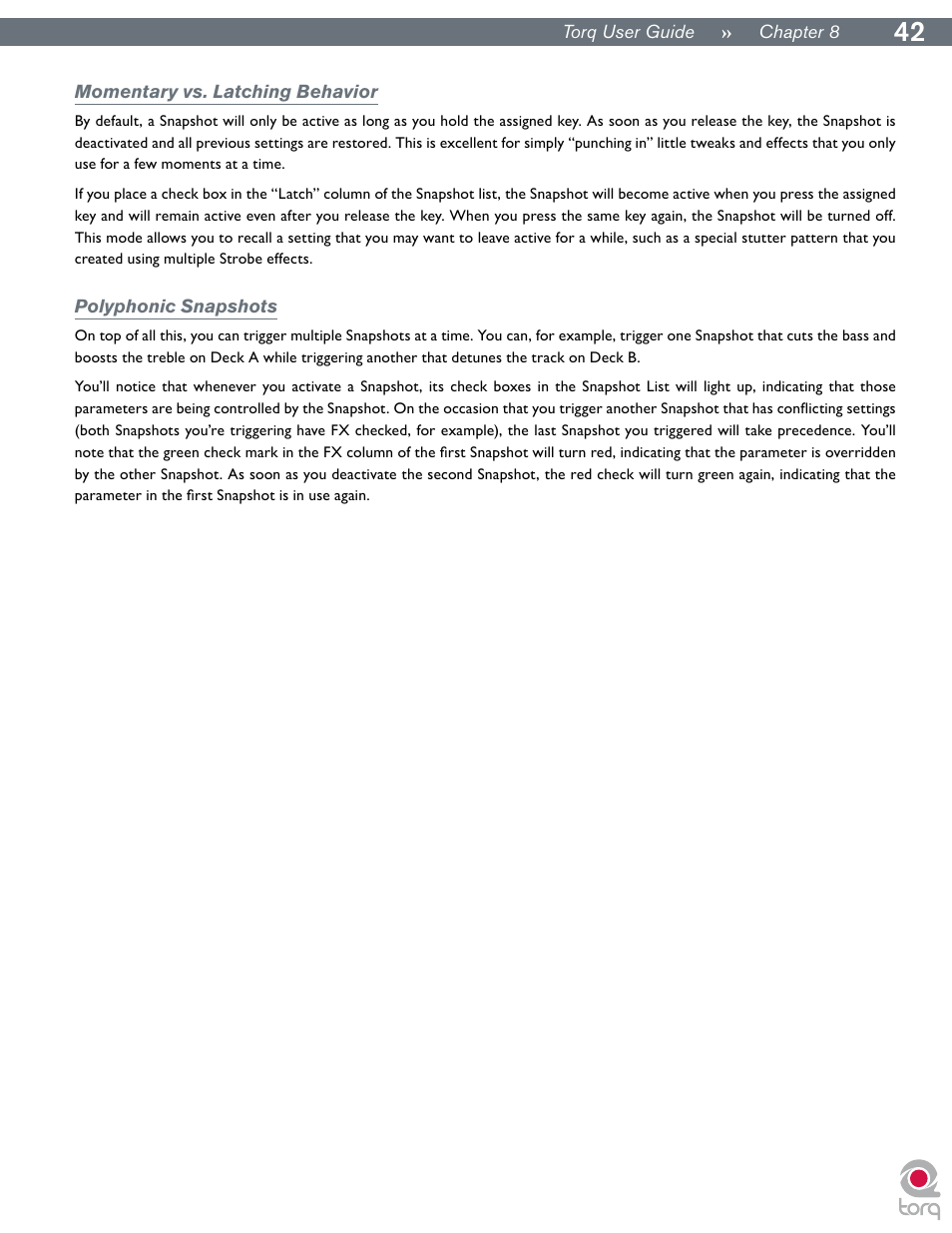 Momentary vs. latching behavior, Polyphonic snapshots | M-AUDIO Torq User Manual | Page 43 / 86