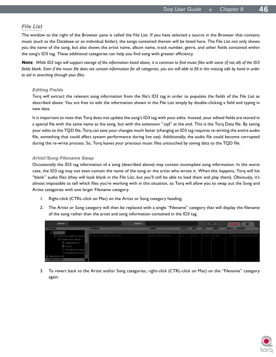 File list, Editing fields, Artist/song filename swap | Editing fields artist/song filename swap | M-AUDIO Torq User Manual | Page 47 / 86
