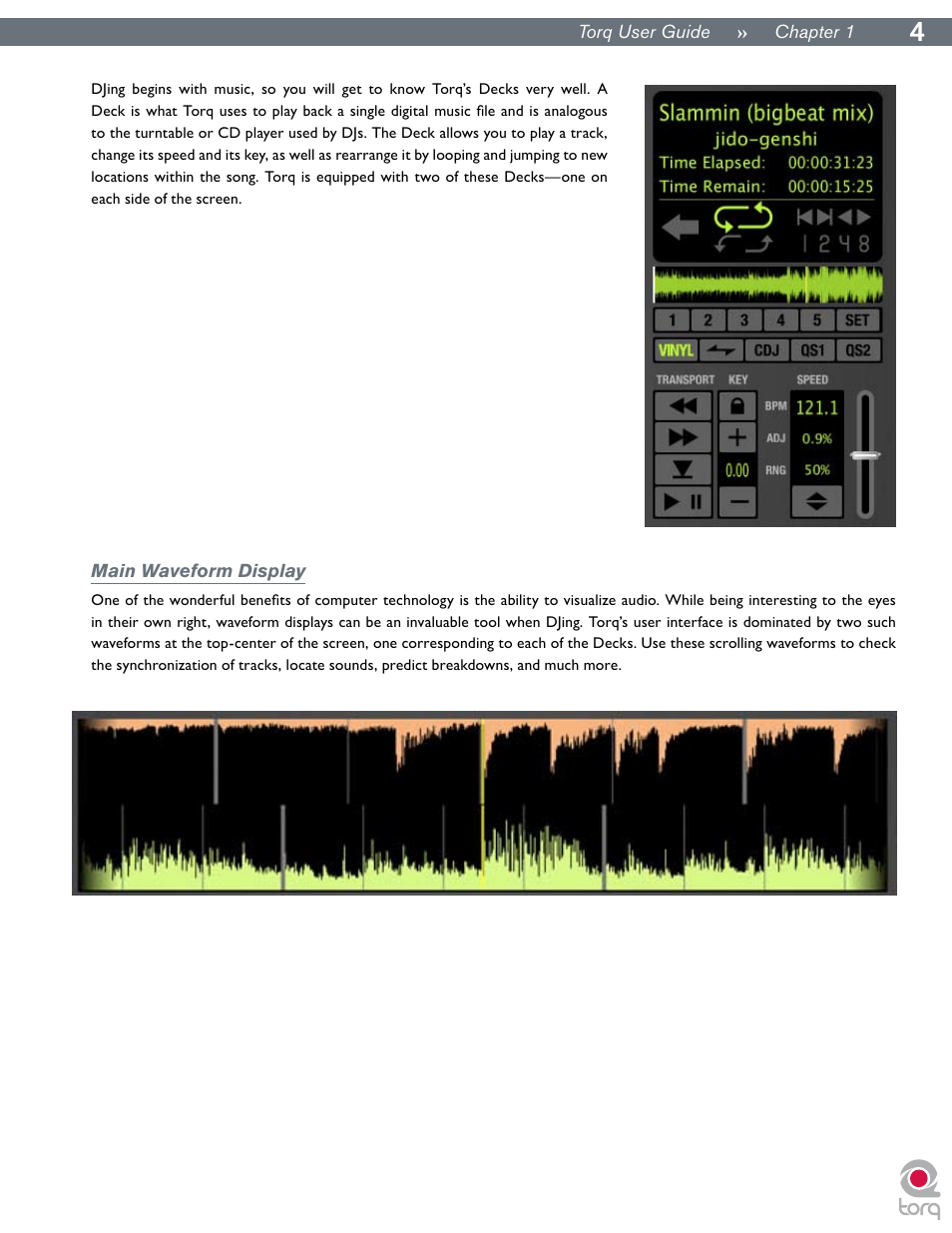 Decks, Main waveform display, Decks main waveform display | M-AUDIO Torq User Manual | Page 5 / 86
