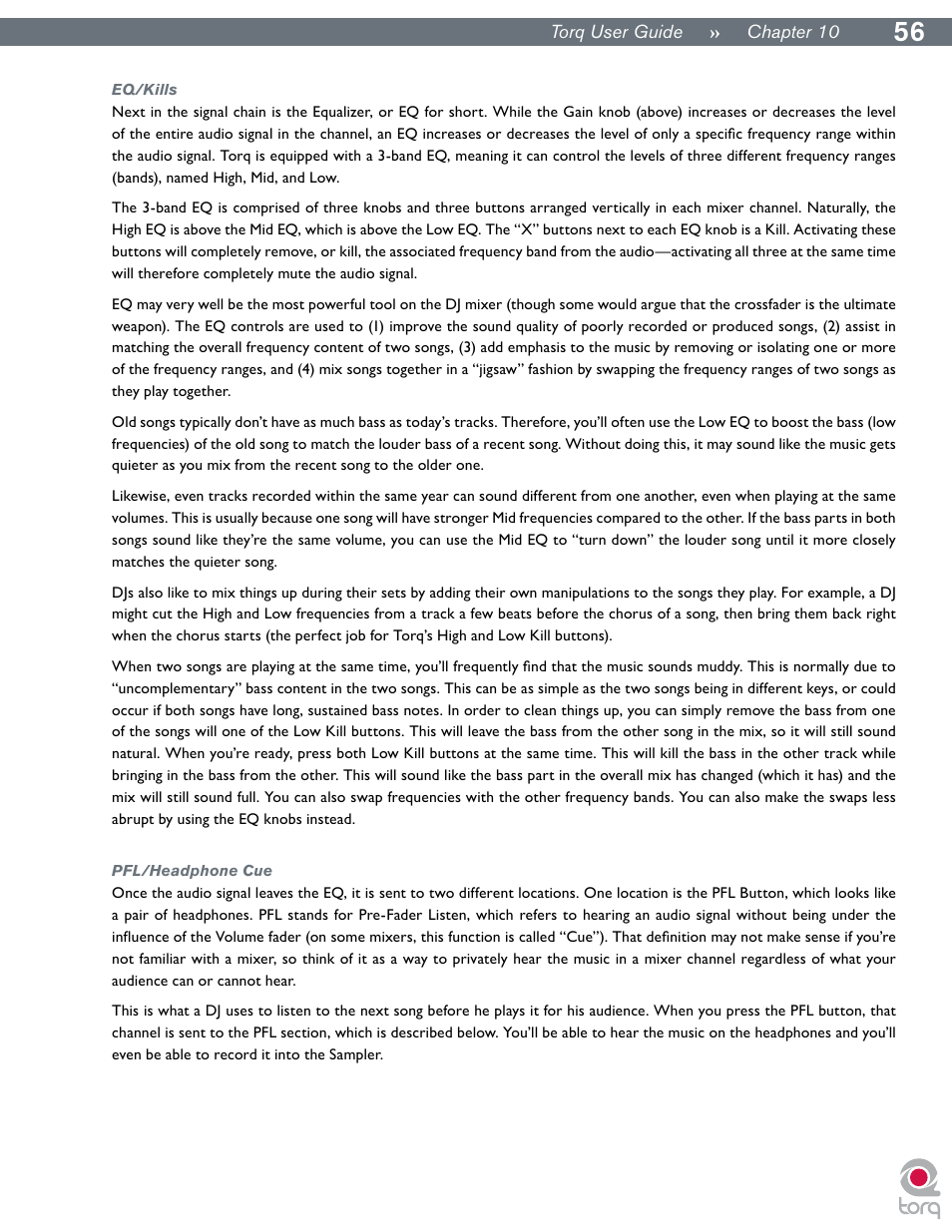 Eq/kills, Pfl/headphone cue, Eq/kills pfl/headphone cue | M-AUDIO Torq User Manual | Page 57 / 86