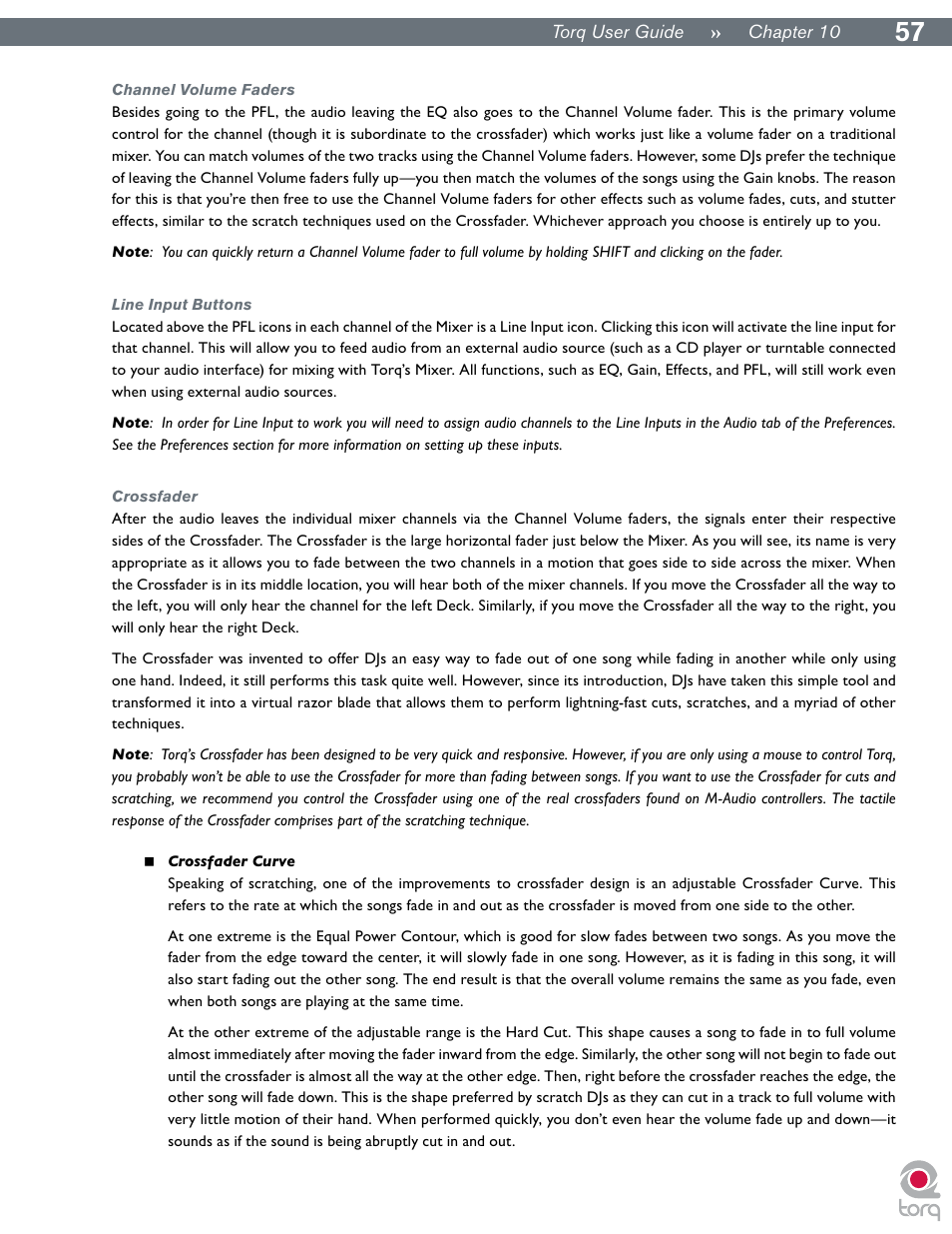 Channel volume faders, Line input buttons, Crossfader | M-AUDIO Torq User Manual | Page 58 / 86