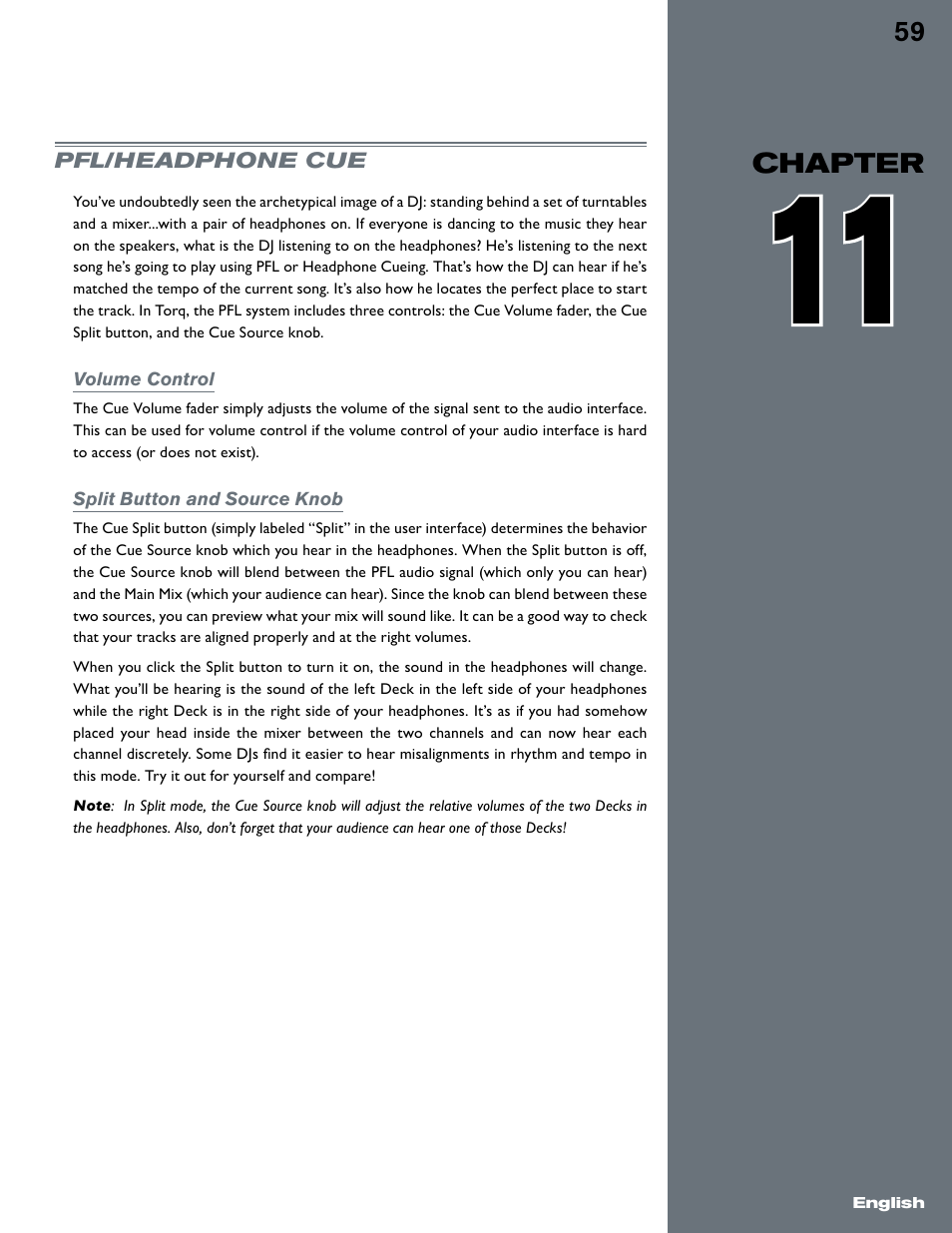 Chapter 11, Pfl/headphone cue, Volume control | Split button and source knob, Volume control split button and source knob | M-AUDIO Torq User Manual | Page 60 / 86