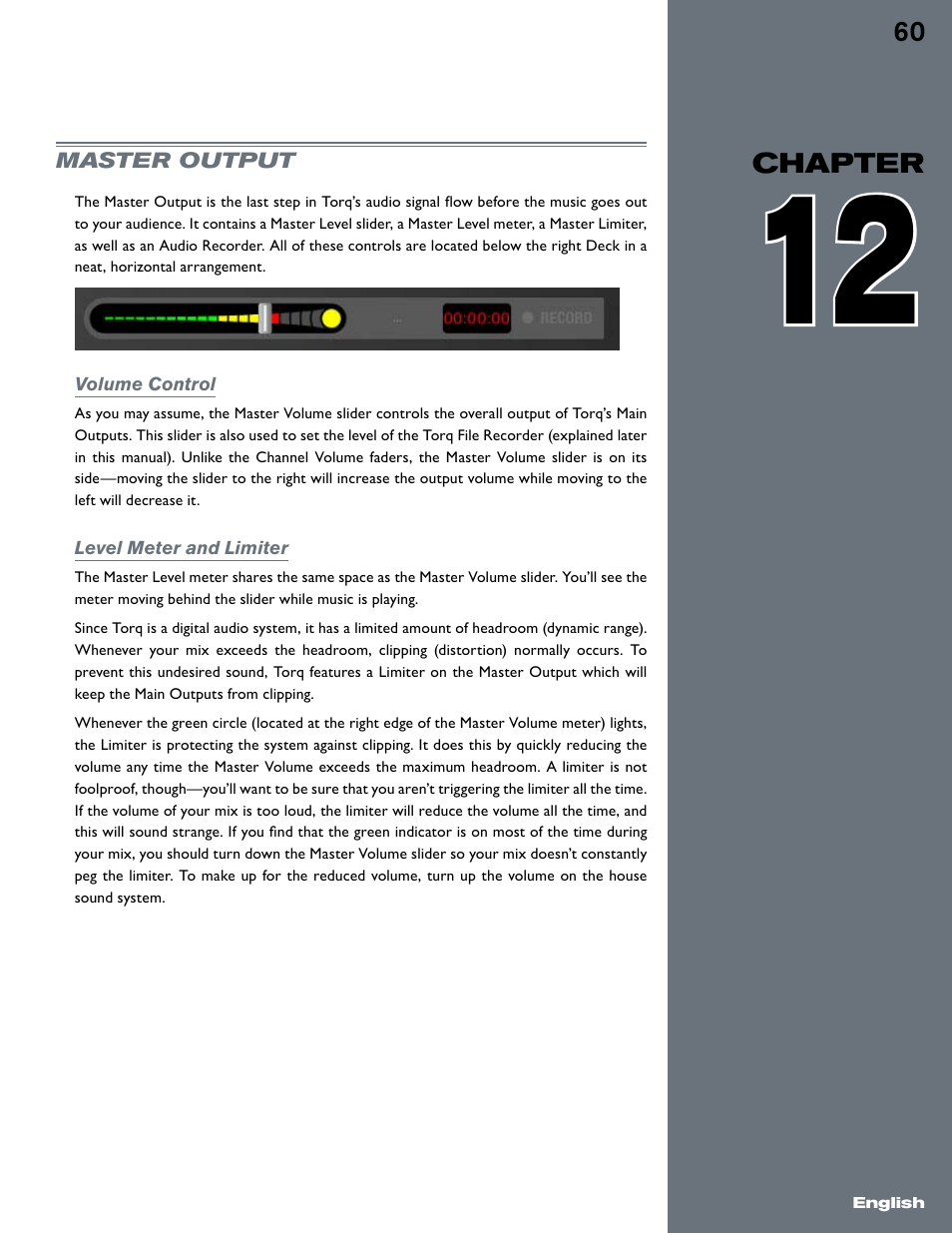 Chapter 12, Master output, Volume control | Level meter and limiter, Volume control level meter and limiter | M-AUDIO Torq User Manual | Page 61 / 86