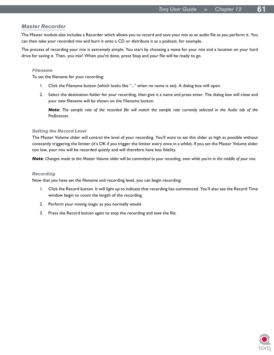 Master recorder, Filename, Setting the record level | Recording, Filename setting the record level recording | M-AUDIO Torq User Manual | Page 62 / 86