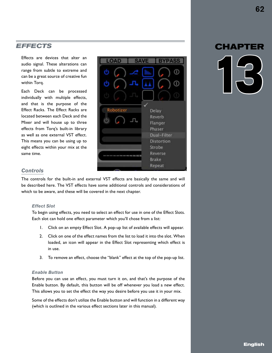 Chapter 13, Effects, Controls | Effect slot, Enable button, Effect slot enable button | M-AUDIO Torq User Manual | Page 63 / 86