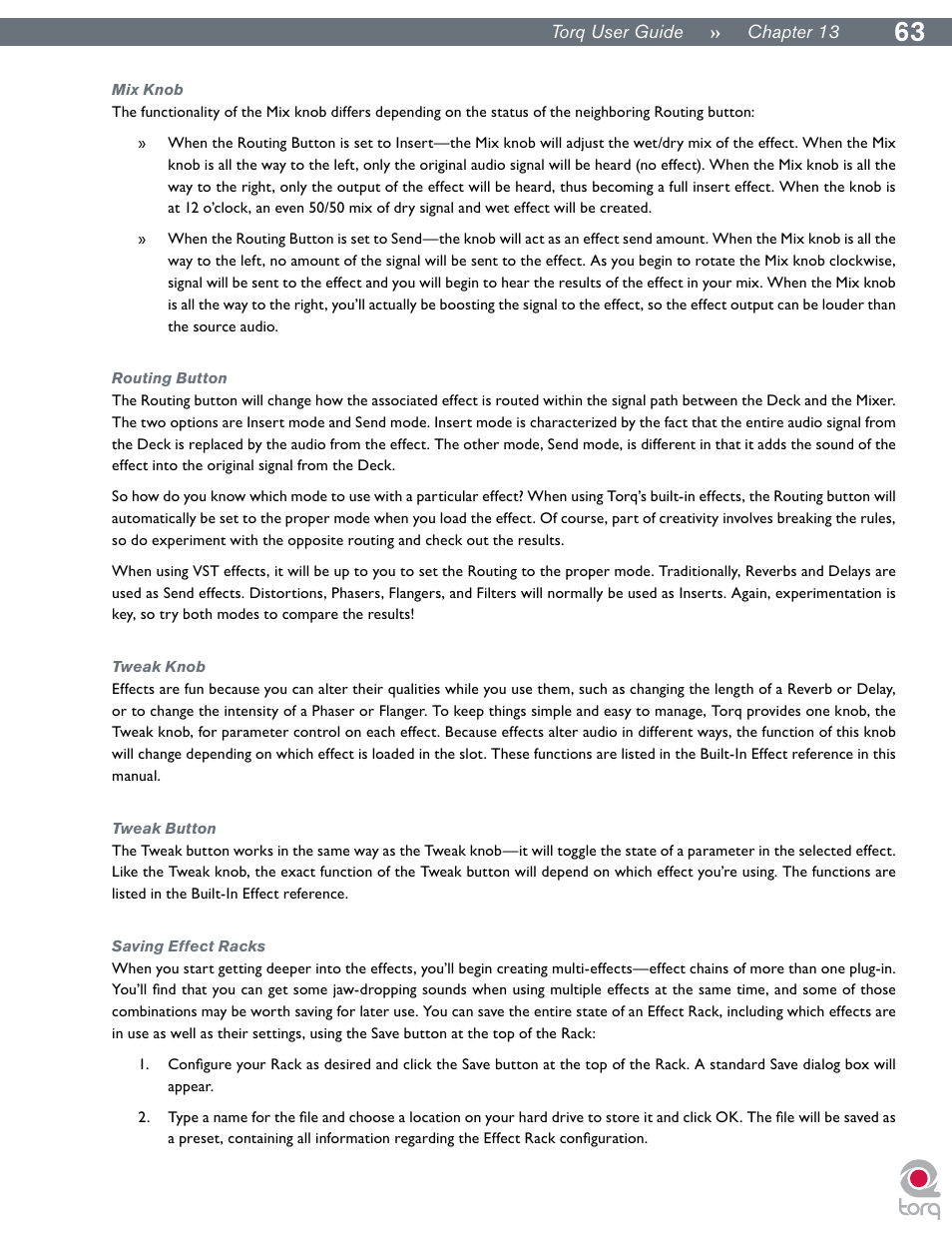 Mix knob, Routing button, Tweak knob | Tweak button, Saving effect racks | M-AUDIO Torq User Manual | Page 64 / 86