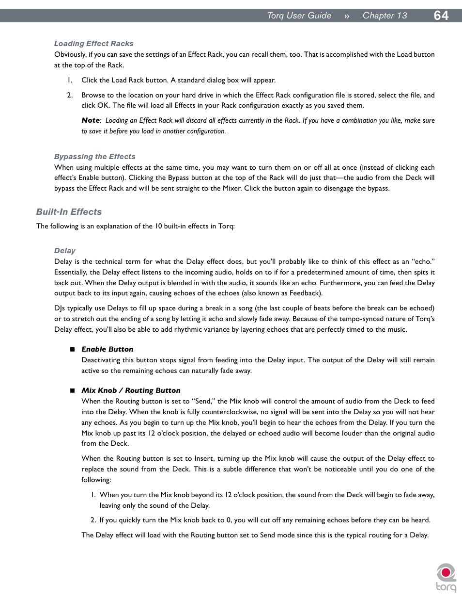 Loading effect racks, Bypassing the effects, Built-in effects | Delay, Loading effect racks bypassing the effects | M-AUDIO Torq User Manual | Page 65 / 86