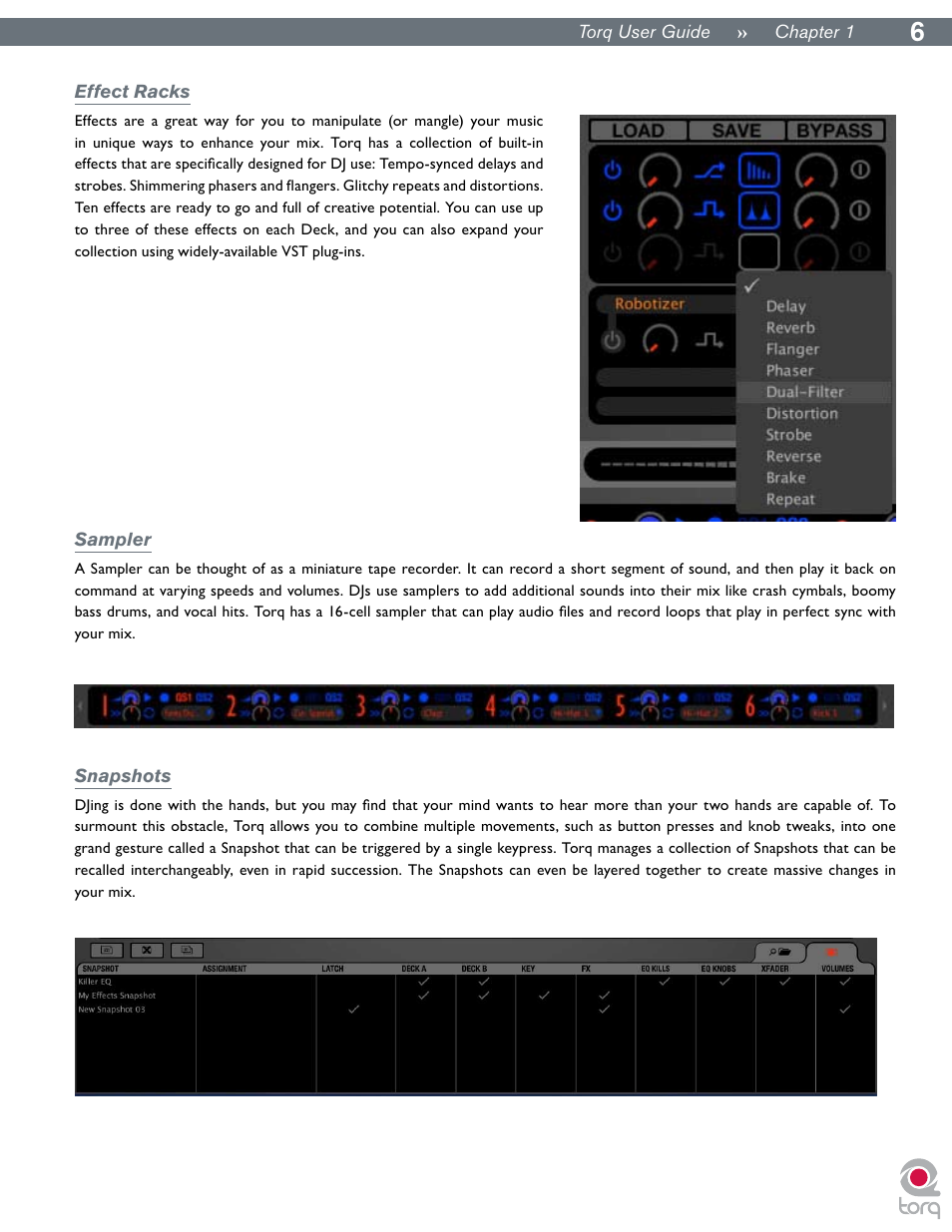 Effect racks, Sampler, Snapshots | Effect racks sampler snapshots | M-AUDIO Torq User Manual | Page 7 / 86