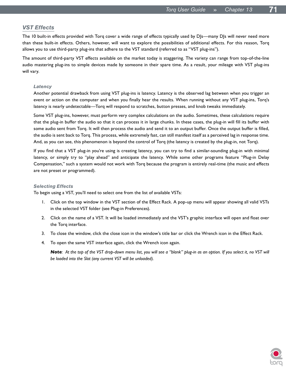 Vst effects, Latency, Selecting effects | Latency selecting effects | M-AUDIO Torq User Manual | Page 72 / 86