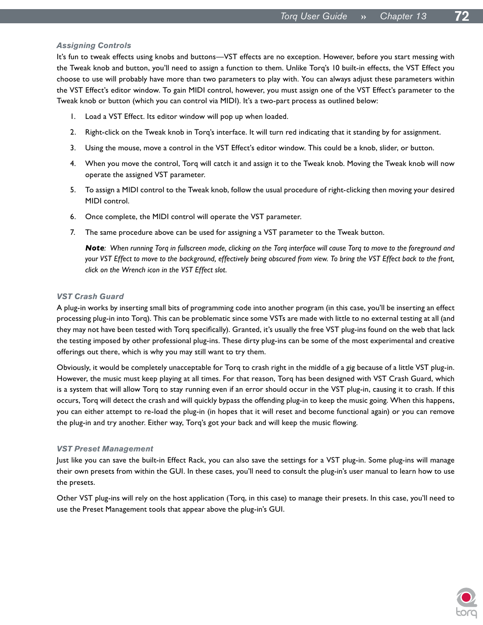 Assigning controls, Vst crash guard, Vst preset management | M-AUDIO Torq User Manual | Page 73 / 86