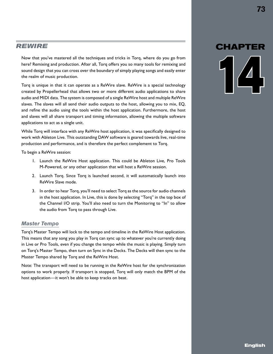 Chapter 14, Rewire, Master tempo | M-AUDIO Torq User Manual | Page 74 / 86