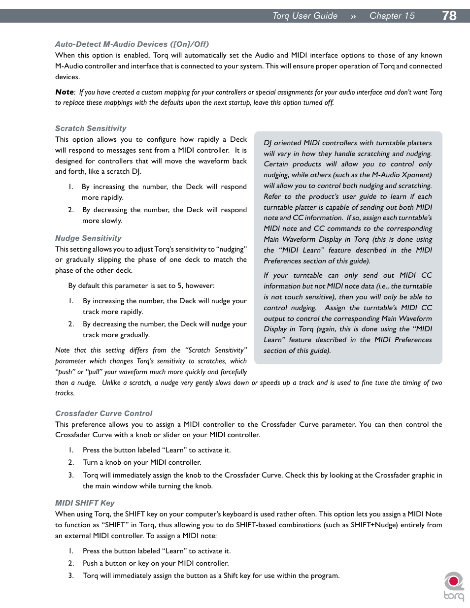 Auto-detect m-audio devices ([on]/off), Scratch sensitivity, Nudge sensitivity | Crossfader curve control, Midi shift key | M-AUDIO Torq User Manual | Page 79 / 86