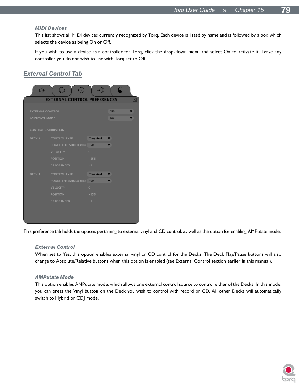 Midi devices, External control tab, External control | Amputate mode, External control amputate mode | M-AUDIO Torq User Manual | Page 80 / 86