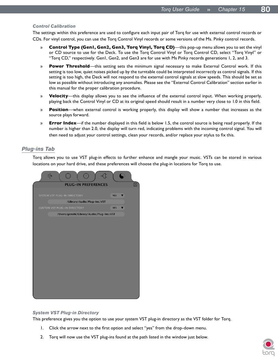 Control calibration, Plug-ins tab, System vst plug-in directory | M-AUDIO Torq User Manual | Page 81 / 86