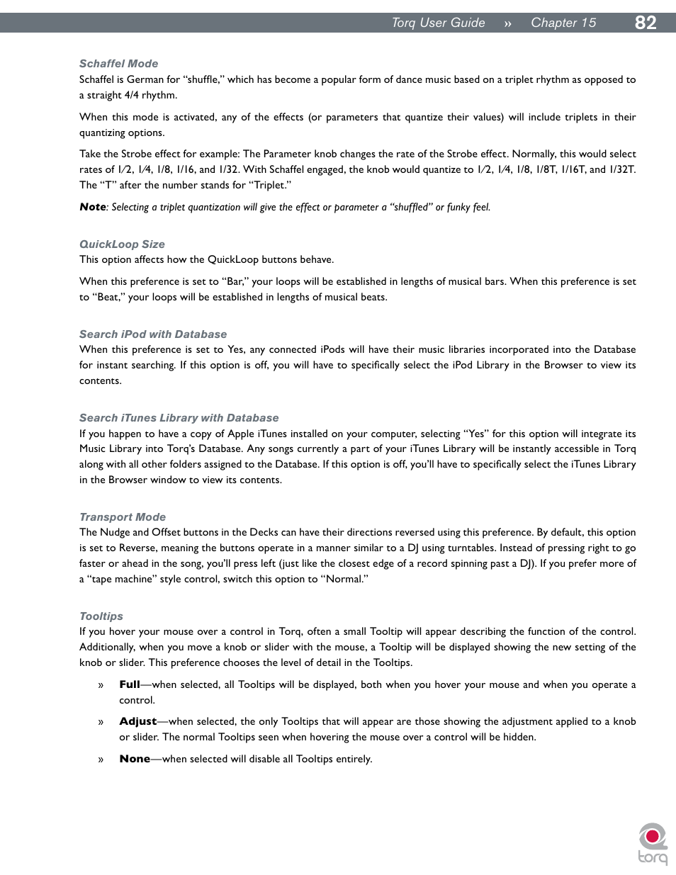 Schaffel mode, Quickloop size, Search ipod with database | Search itunes library with database, Transport mode, Tooltips | M-AUDIO Torq User Manual | Page 83 / 86