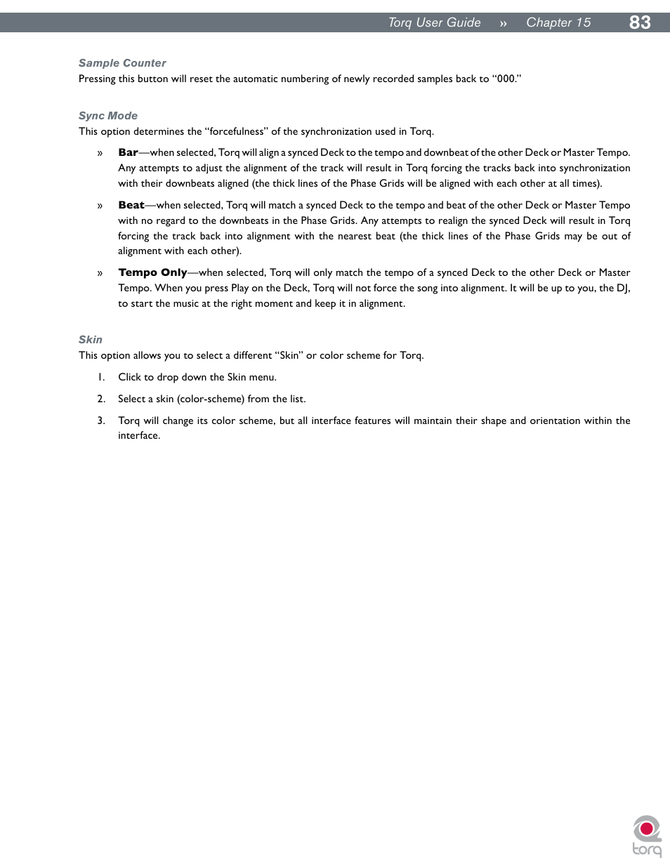 Sample counter, Sync mode, Skin | Sample counter sync mode skin | M-AUDIO Torq User Manual | Page 84 / 86