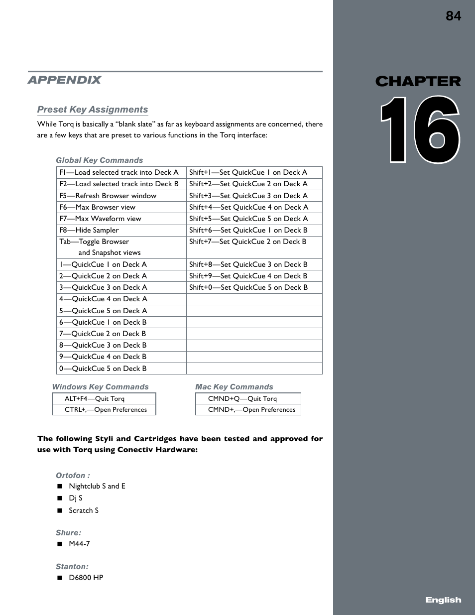 Chapter 16, Appendix, Preset key assignments | Global key commands, Ortofon, Shure, Stanton, Windows key commands, Mac key commands | M-AUDIO Torq User Manual | Page 85 / 86