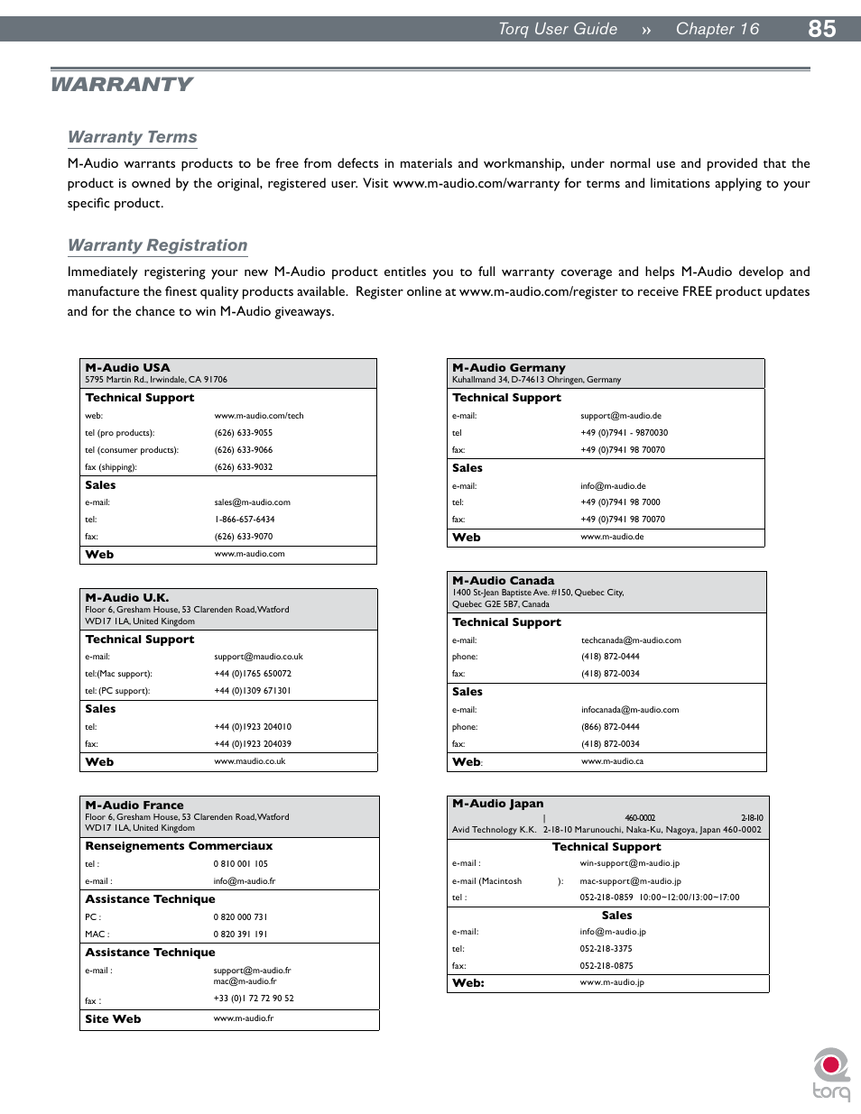 Warranty, Contact, Torq user guide » chapter 1 | Torq user guide » chapter 16, Warranty terms, Warranty registration | M-AUDIO Torq User Manual | Page 86 / 86