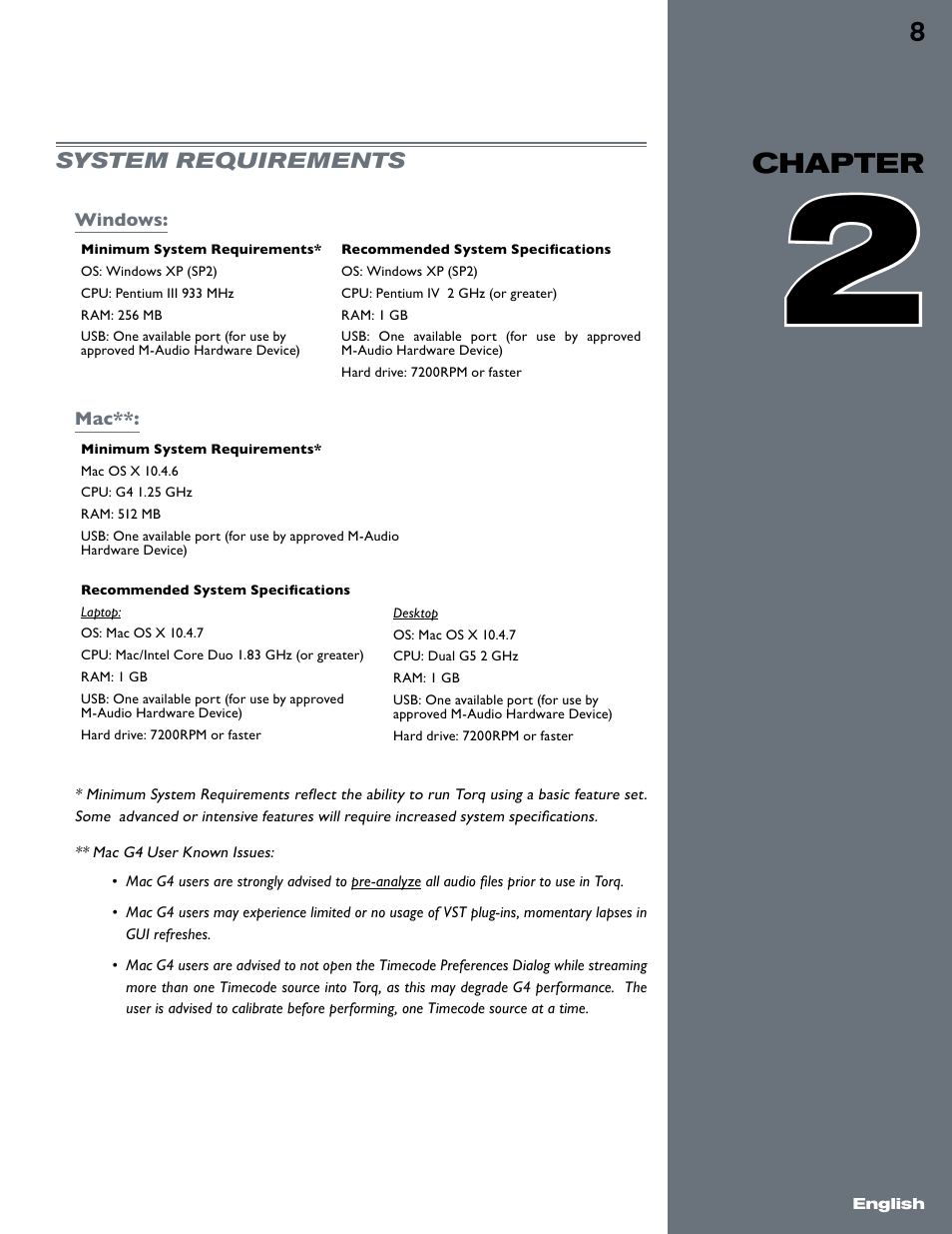 Chapter 2, System requirements, Windows | Windows mac | M-AUDIO Torq User Manual | Page 9 / 86