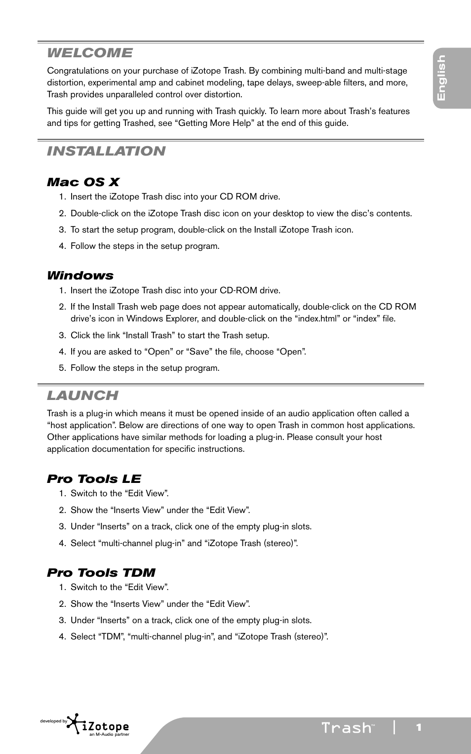 Welcome, Installation, Mac os x | Windows, Launch, Pro tools le, Pro tools tdm | M-AUDIO Trash User Manual | Page 2 / 6