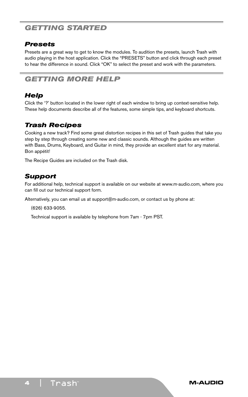 Getting started, Presets, Getting more help | Help, Trash recipes, Support | M-AUDIO Trash User Manual | Page 5 / 6