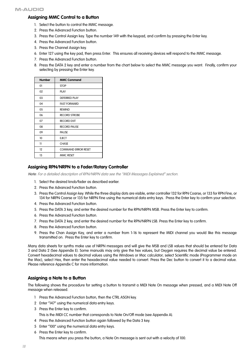 Assigning mmc control to a button, Assigning rpn/nrpn to a fader/rotary controller | M-AUDIO OXYGEN SERIES OXYGEN 8 V2 User Manual | Page 17 / 27