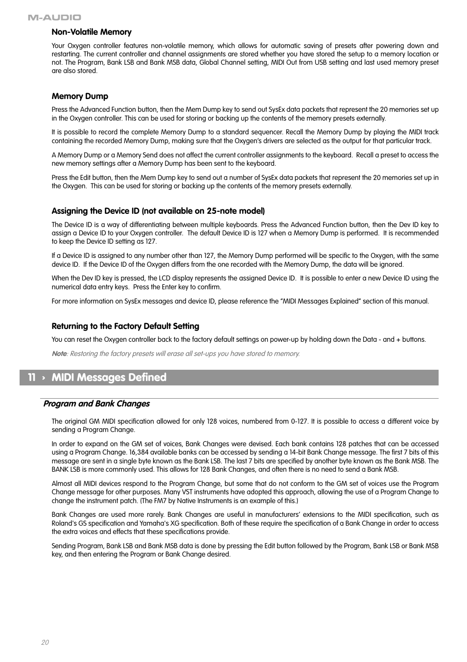 11 › midi messages defined, 11 › midi messages deﬁned | M-AUDIO OXYGEN SERIES OXYGEN 8 V2 User Manual | Page 19 / 27