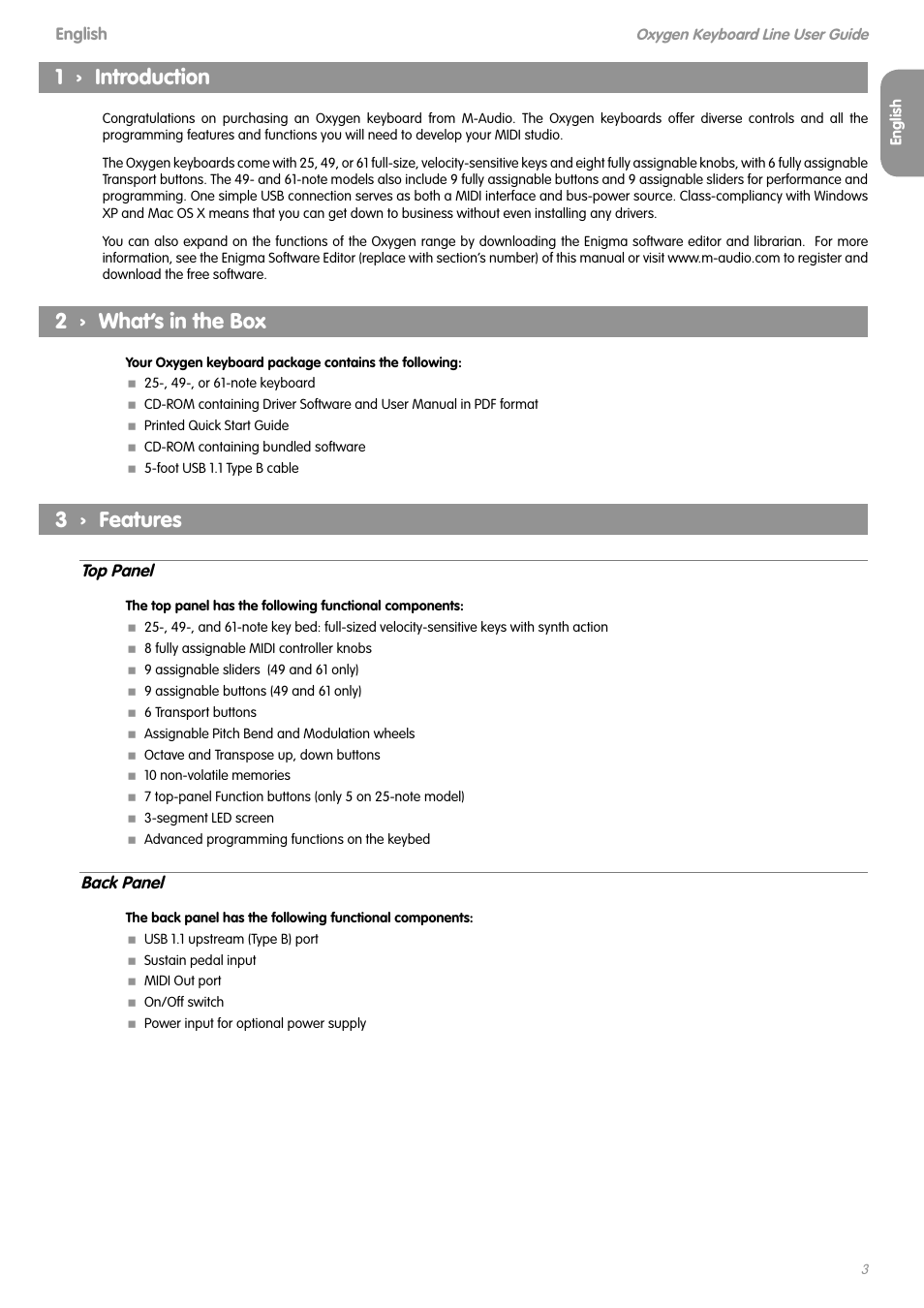 English, 1 › introduction, 2 › what’s in the box | 3 › features, Top panel, Back panel | M-AUDIO OXYGEN SERIES OXYGEN 8 V2 User Manual | Page 2 / 27