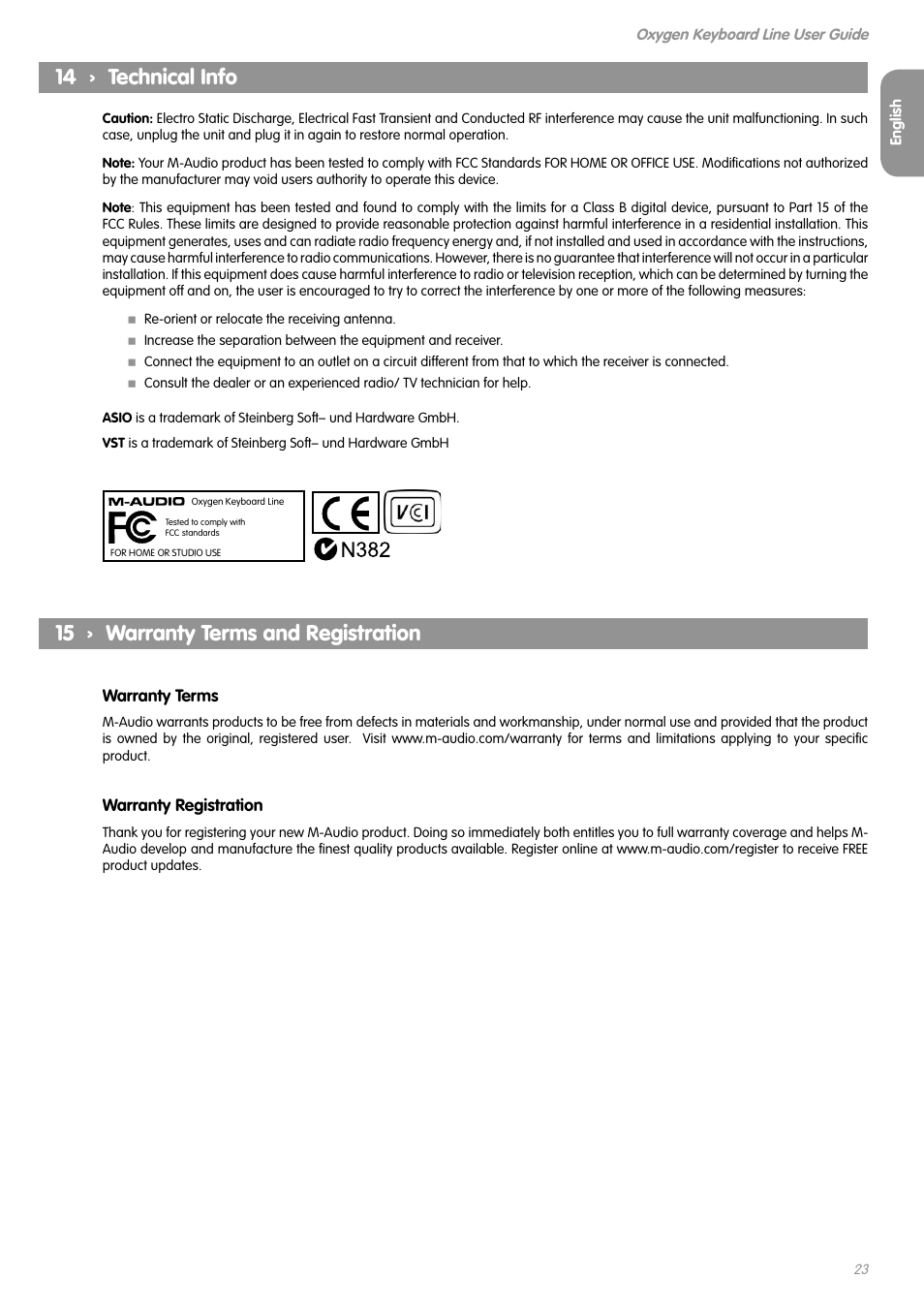 14 › technical info, 15 › warranty terms and registration | M-AUDIO OXYGEN SERIES OXYGEN 8 V2 User Manual | Page 22 / 27