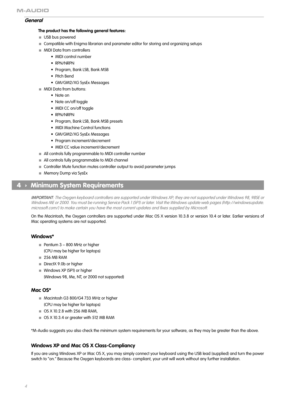 4 › minimum system requirements, General | M-AUDIO OXYGEN SERIES OXYGEN 8 V2 User Manual | Page 3 / 27