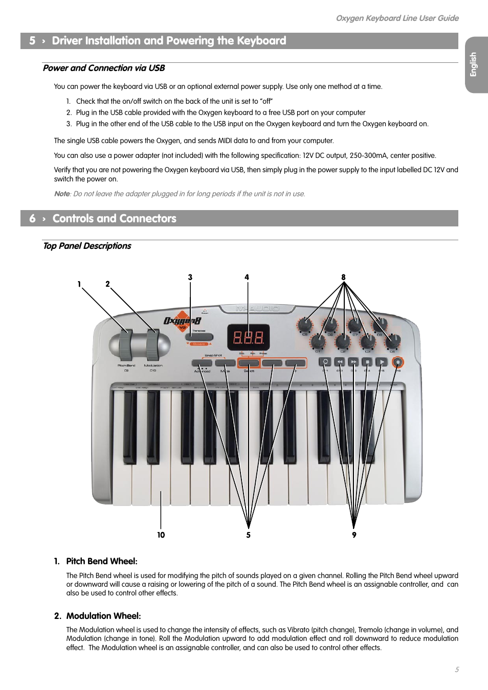 5 › driver installation and powering the keyboard, 6 › controls and connectors | M-AUDIO OXYGEN SERIES OXYGEN 8 V2 User Manual | Page 4 / 27