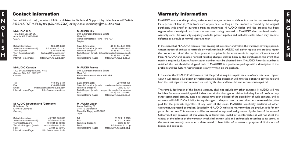 Warranty information, Contact information | M-AUDIO USB User Manual | Page 14 / 15