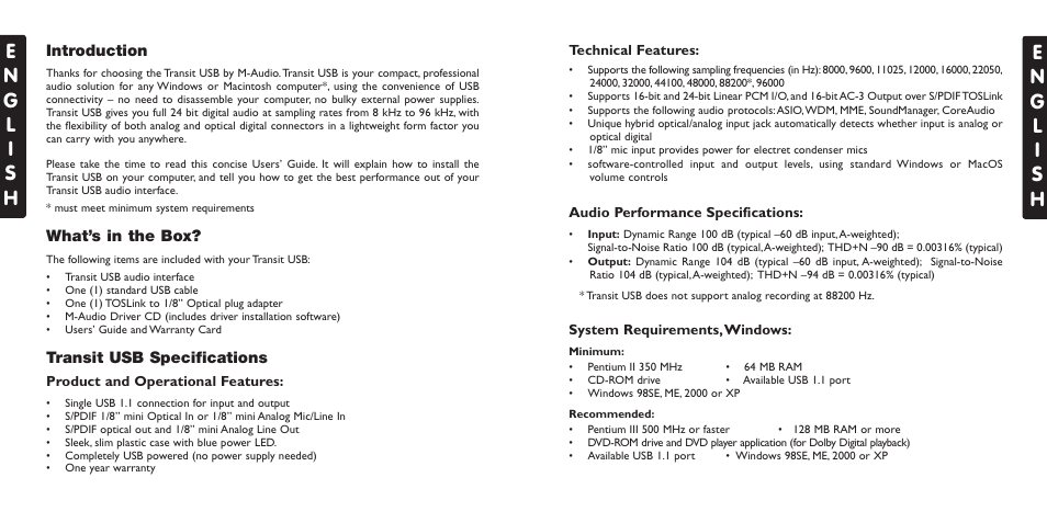 Transit usb features, Software installation, Windows xp | Transit usb features software installation | M-AUDIO USB User Manual | Page 2 / 15