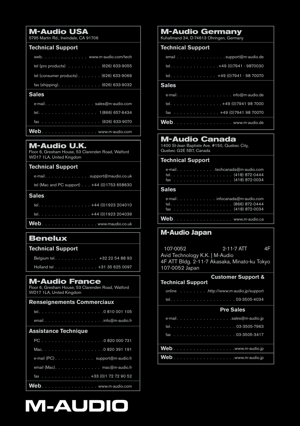お問い合わせ先, M-audio usa, M-audio u.k | Benelux, M-audio france, M-audio germany, M-audio canada, M-audio japan | M-AUDIO Profire 610 User Manual | Page 8 / 8