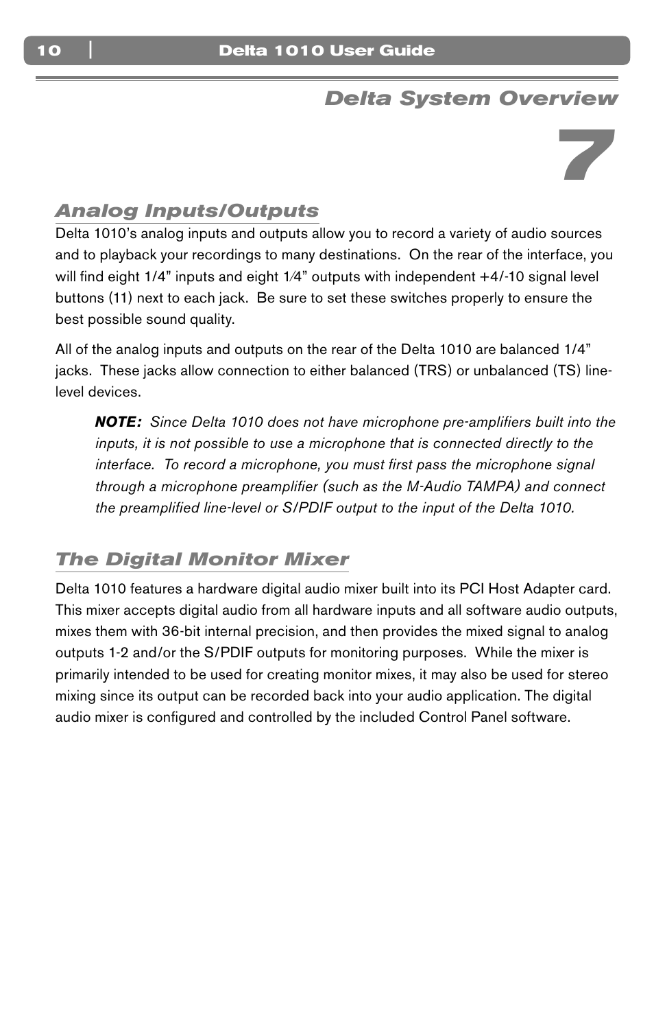 Delta system overview, Analog inputs/outputs, The digital monitor mixer | M-AUDIO 10 IN 10 OUT PCI DIGITAL RECORDING SYSTEM WITH S/PDIF DELTA 1010 User Manual | Page 10 / 45