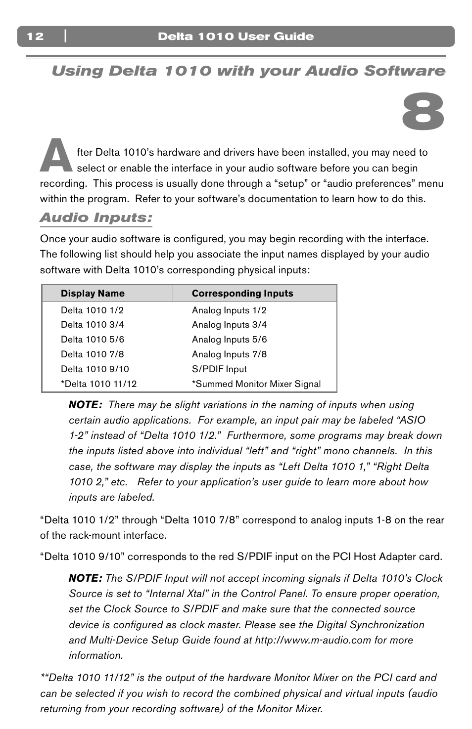 Using delta 1010 with your audio software, Audio inputs | M-AUDIO 10 IN 10 OUT PCI DIGITAL RECORDING SYSTEM WITH S/PDIF DELTA 1010 User Manual | Page 12 / 45