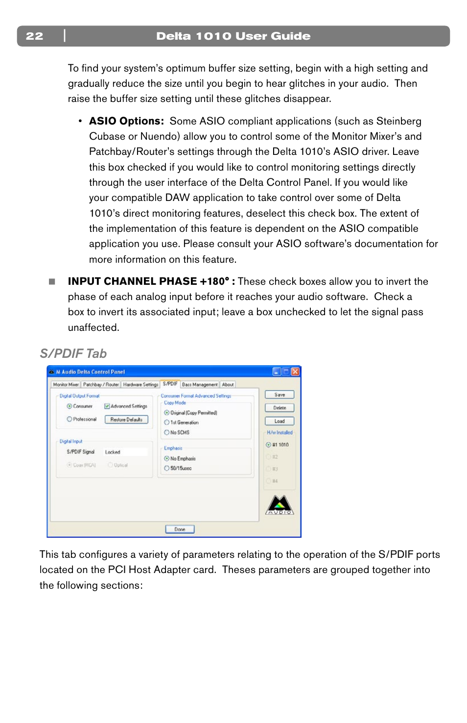 S/pdif tab | M-AUDIO 10 IN 10 OUT PCI DIGITAL RECORDING SYSTEM WITH S/PDIF DELTA 1010 User Manual | Page 22 / 45