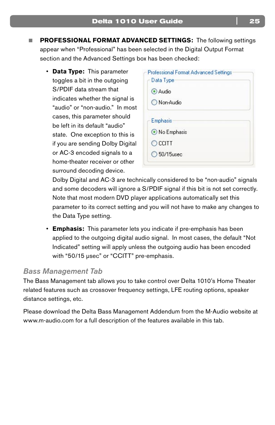 Bass management tab | M-AUDIO 10 IN 10 OUT PCI DIGITAL RECORDING SYSTEM WITH S/PDIF DELTA 1010 User Manual | Page 25 / 45