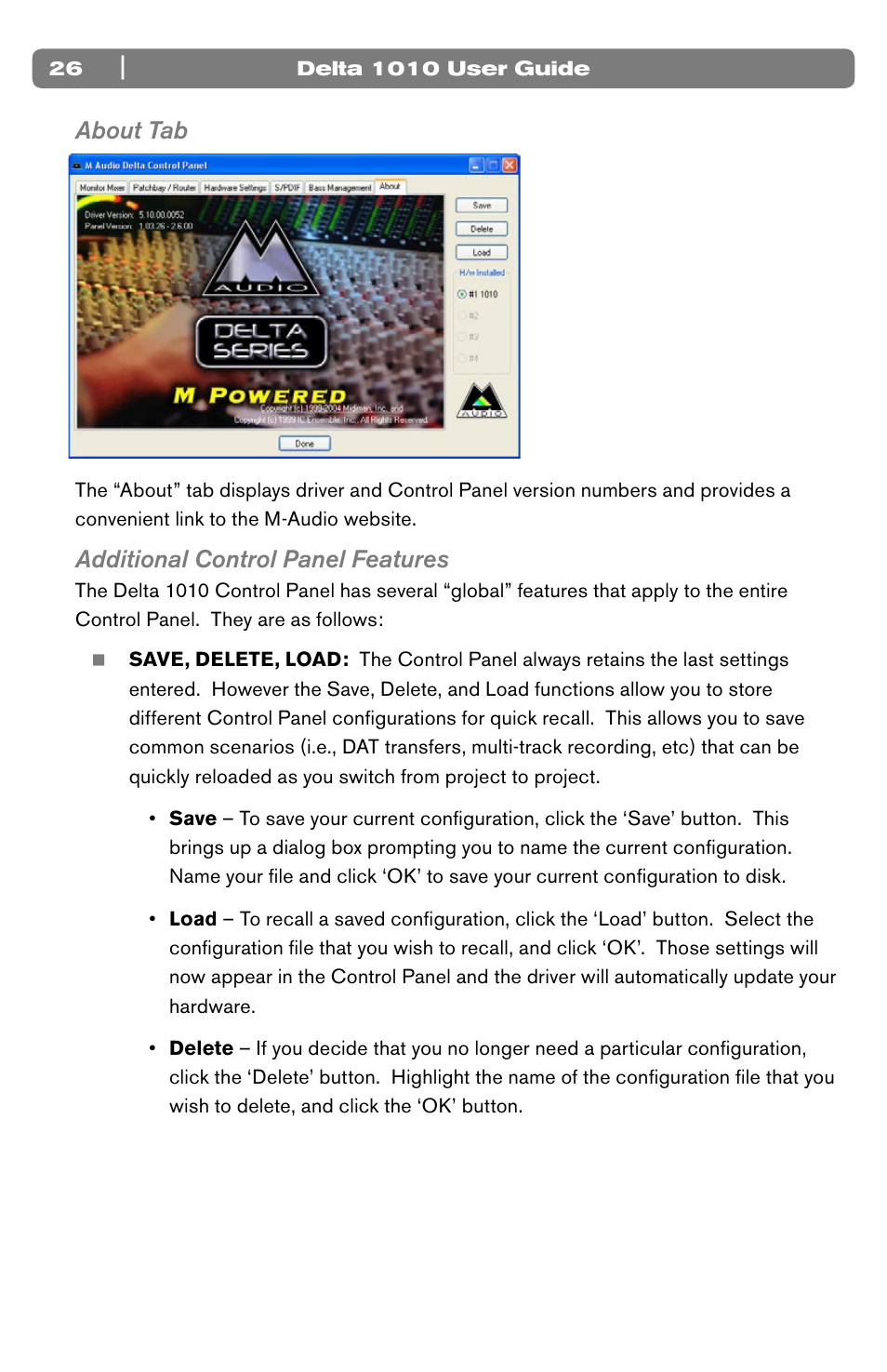 About tab, Additional control panel features | M-AUDIO 10 IN 10 OUT PCI DIGITAL RECORDING SYSTEM WITH S/PDIF DELTA 1010 User Manual | Page 26 / 45