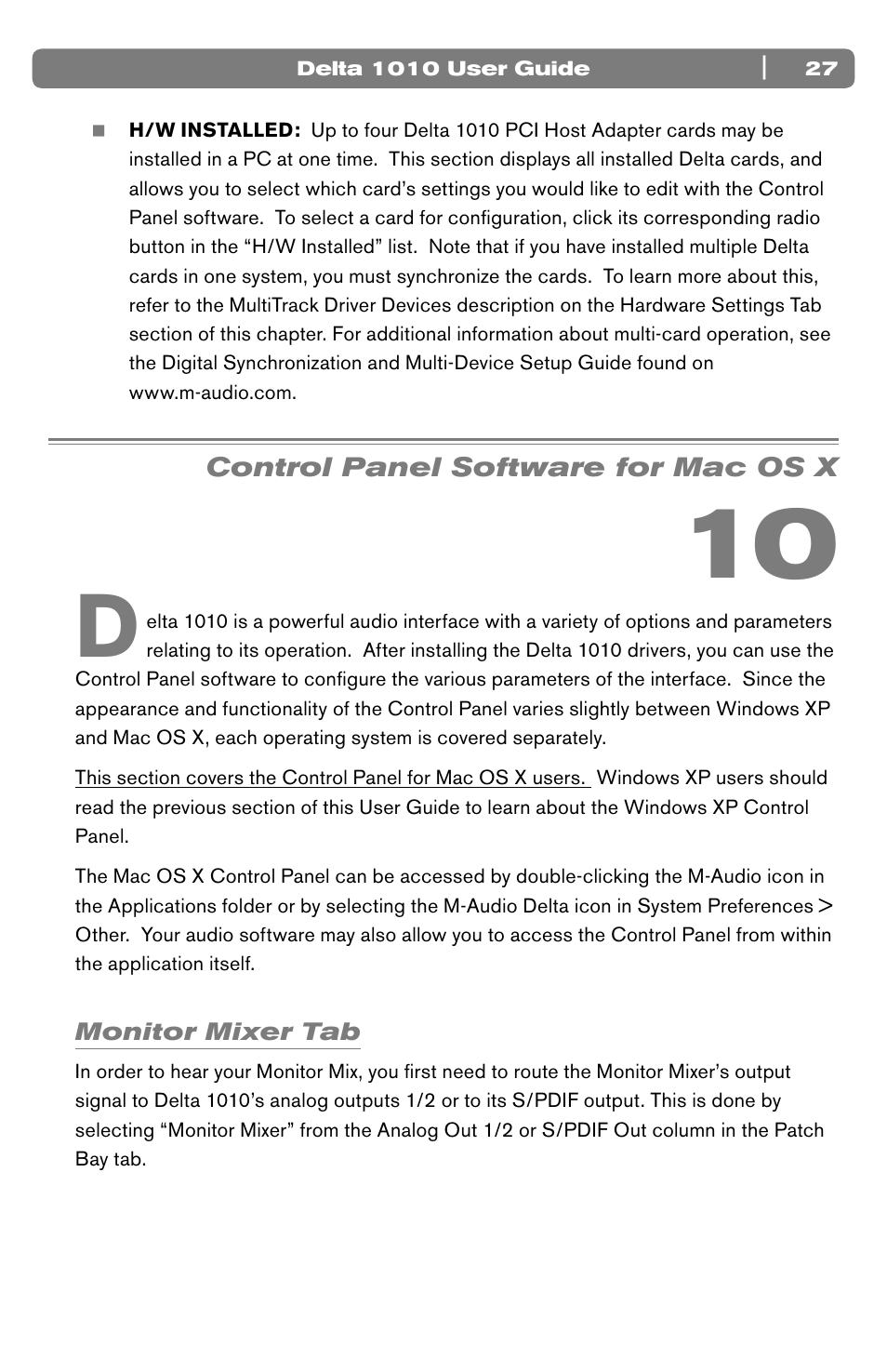 Control panel software for mac os x, Monitor mixer tab | M-AUDIO 10 IN 10 OUT PCI DIGITAL RECORDING SYSTEM WITH S/PDIF DELTA 1010 User Manual | Page 27 / 45