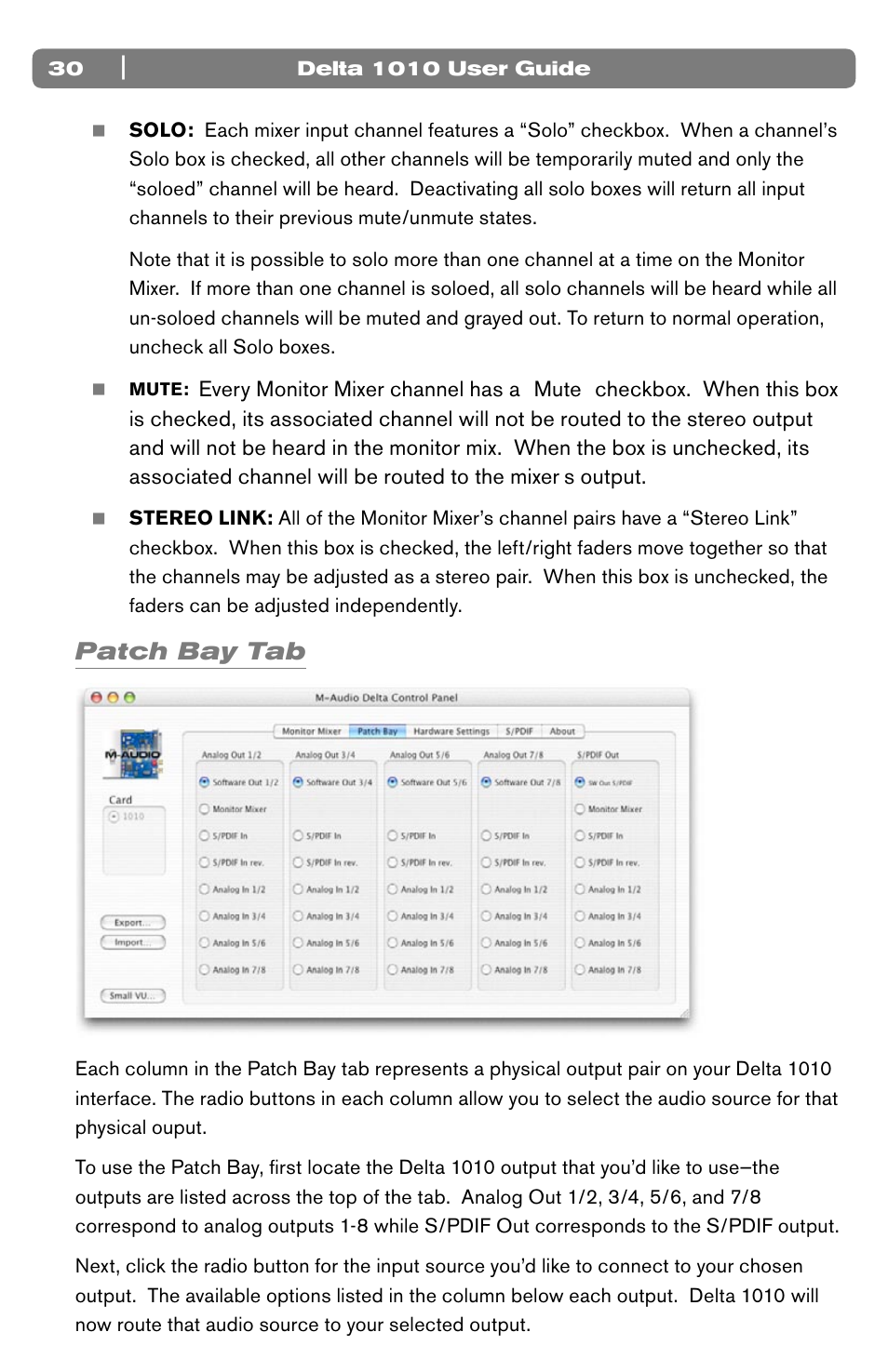 Patch bay tab | M-AUDIO 10 IN 10 OUT PCI DIGITAL RECORDING SYSTEM WITH S/PDIF DELTA 1010 User Manual | Page 30 / 45