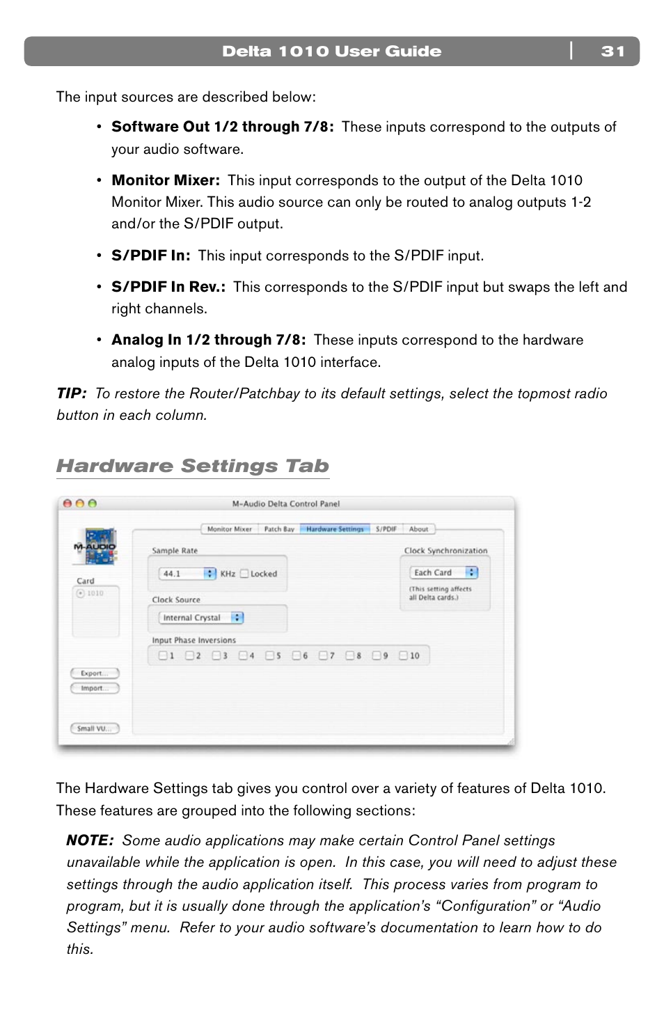 Hardware settings tab | M-AUDIO 10 IN 10 OUT PCI DIGITAL RECORDING SYSTEM WITH S/PDIF DELTA 1010 User Manual | Page 31 / 45