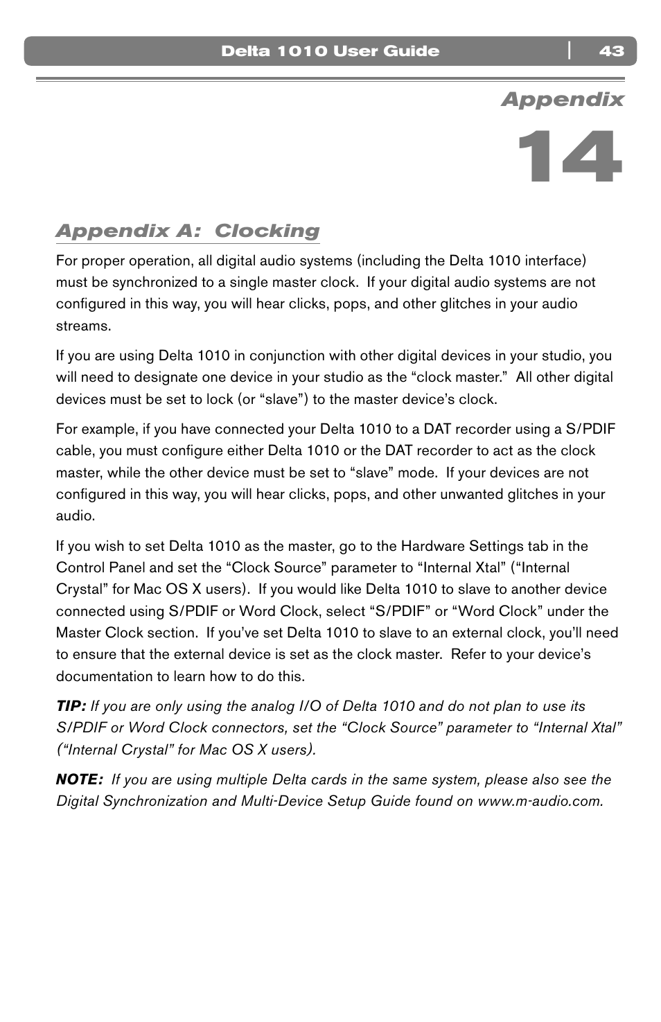 Appendix, Appendix a: clocking | M-AUDIO 10 IN 10 OUT PCI DIGITAL RECORDING SYSTEM WITH S/PDIF DELTA 1010 User Manual | Page 43 / 45